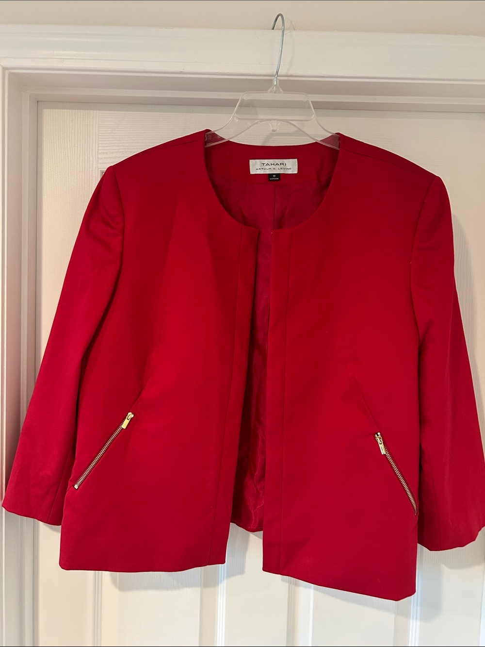 Tahari Red Collarless Jacket with Gold Zippers size 18